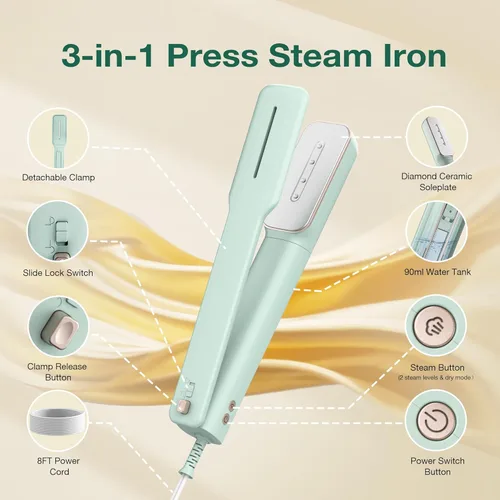 Miniatura 2 de Newbealer Plancha de vapor de viaje con abrazadera 3 en 1 con voltaje global, vaporizador de ropa de 100-240 V, planchado en seco y 2 niveles