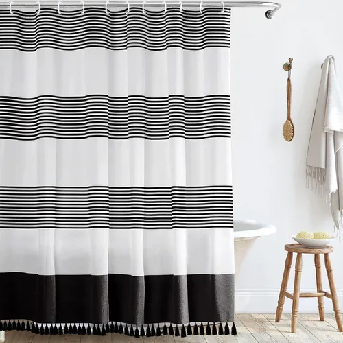 Miniatura 11 de bufftieo Cortina de regadera gris y blanca para baño con borlas estilo rústico moderno, cortinas de tela a rayas boho, juego de cortinas de regadera