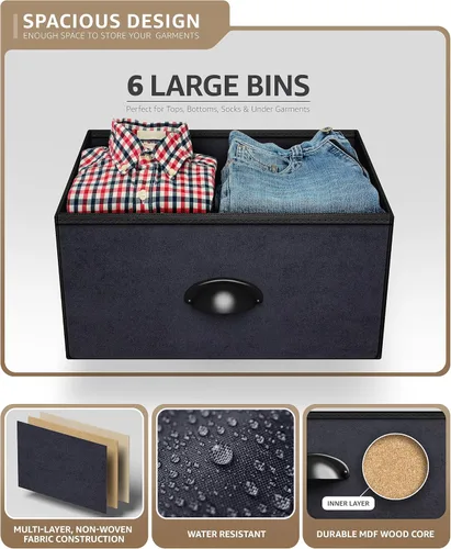 Miniatura 5 de Sorbus Cómoda con 6 cajones de tela, mueble de dormitorio, mueble de almacenamiento, torre para dormitorio, pasillo, armario, organización de Negro