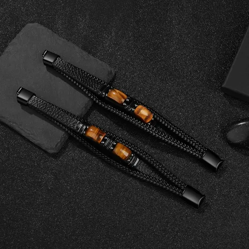 Miniatura 6 de Mens Leather Bracelets for Him Son Birthday Gift for Boyfriend Husband Brother Father's Day Gifts for Dad To My Men Bracelet with 2 Tiger Eyes for