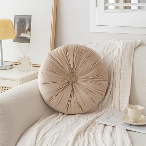 Miniatura 2 de MOJUN Almohada redonda de terciopelo de color liso, almohada de piso de calabaza, decoración del hogar, cojín redondo plisado para sofá, silla, cama