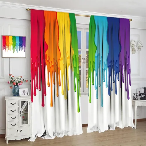 Miniatura 4 de Cortinas opacas abstractas de arco iris, pintura de color arcoíris con gotas, diseño gráfico creativo con bolsillo para barra, para sala de estar
