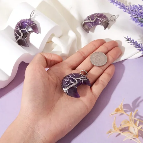 Miniatura 6 de Beadthoven - Dijes de árbol de la vida con luna creciente, dijes de piedra de amatista, colgantes de piedras naturales envueltas en alambre, dijes