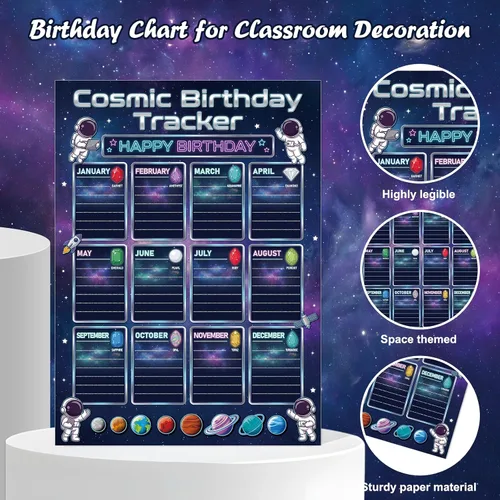 Miniatura 6 de WhatSign Calendario de cumpleaños para el aula, póster de tabla de cumpleaños de 12 x 16 pulgadas con piedras de nacimiento, sistema solar