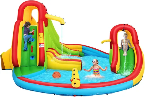 Miniatura 10 de KOTEK Tobogán acuático inflable, tobogán acuático 8 en 1 con 2 toboganes, 2 paredes de escalada, piscina y cañón de agua, toboganes acuáticos