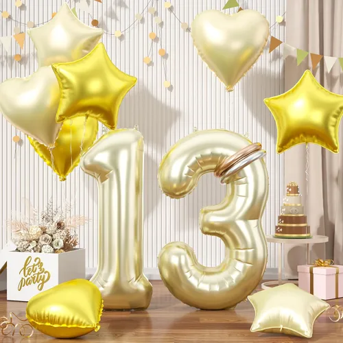 Miniatura 63 de Globos dorados de color champán con el número 11, globos de oro claro, globo de aluminio dorado con forma de corazón con estrella y globo largo