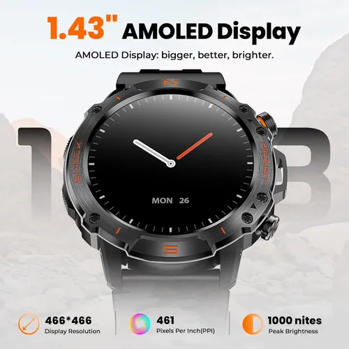 Miniatura 8 de WalkerFit Reloj inteligente para hombres, pantalla AMOLED redonda de 1.43", 5 ATM resistente al agua, monitor de frecuencia cardíaca y sueño