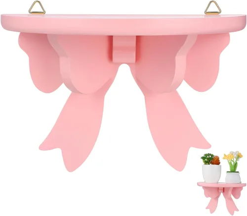 DOITOOL Estante flotante de madera de estilo nórdico, soporte de almacenamiento de pared, diseño de lazo rosa para habitación de niños, dormitorio,