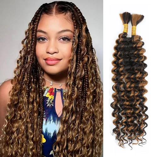Miniatura 9 de Mezcla de cabello humano trenzado sintético bohemio para trenzar, 16 pulgadas de onda profunda a granel para trenzas bohemias, 2 piezas de cabello 1b