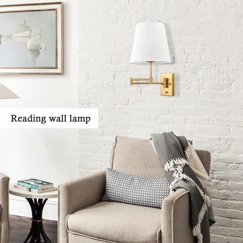 Miniatura 2 de HYDELITE Lámpara de pared dorada con brazo oscilante, apliques de pared de latón con pantalla de lino, accesorios de pared enchufables o cableados