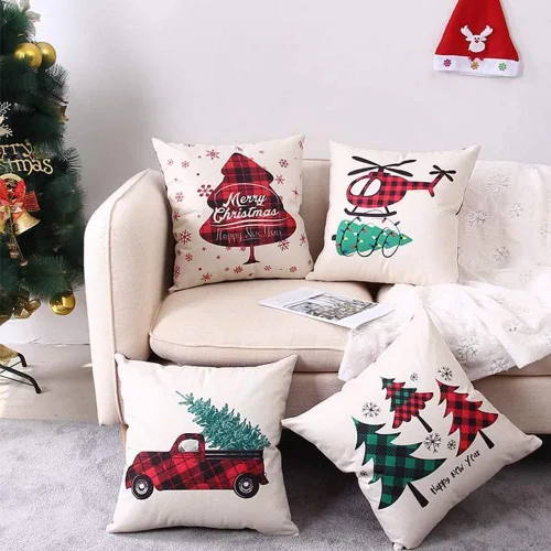 Miniatura 6 de Juego de 4 fundas de almohada navideñas a cuadros de búfalo de 18 x 18 pulgadas, decoración de almohada de lino y algodón rojo beige para decoración