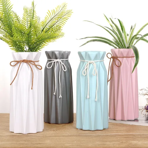 Miniatura 7 de VanEnjoy Floreros geométricos de cerámica rosa de 9 pulgadas para flores artificiales frescas, decoración para habitación, dormitorio, oficina