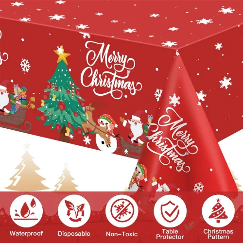 Miniatura 4 de Mantel de Navidad, 2 piezas de mantel desechable de plástico rojo, mantel de 54 x 108 pulgadas para decoraciones de Navidad, mantel de árbol