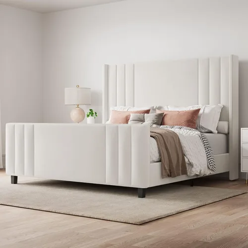 Albott Base de cama de plataforma tamaño King, cama tapizada con cabecera y pie de cama con respaldo alado capitoné de canales verticales, Crema