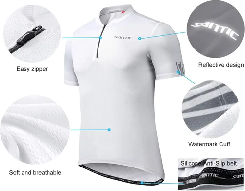 Miniatura 4 de Santic Camiseta de ciclismo para hombre, manga corta, camiseta de ciclismo de carretera, cremallera completa, UPF 50+, MTB con bolsillos