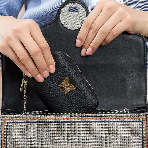 Miniatura 9 de imeetu Portatarjetas de crédito RFID para mujer, pequeña cartera de cuero con cremallera con llavero extraíble, Gris topo, S, Cartera para tarjetas