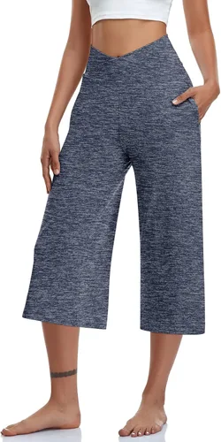 Miniatura 2 de TARSE - Pantalones capri de pierna ancha para mujer, pantalones de yoga casuales, cruzados, de cintura alta, sueltos, suaves, con bolsillos
