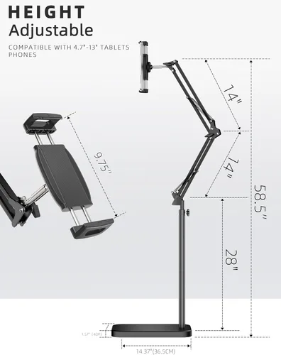 Miniatura 4 de BluuSuuk Soporte de suelo para tablet con base estable de 11 libras, soporte giratorio de brazo elástico de altura ajustable, compatible con iPad