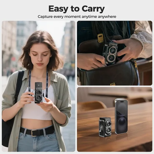 Miniatura 6 de CHUZHAO - Cámara digital retro con sello de tiempo, estilo TLR portátil vintage 1080p, video FHD de 12 MP, fotos de enfoque automático, mini cámara