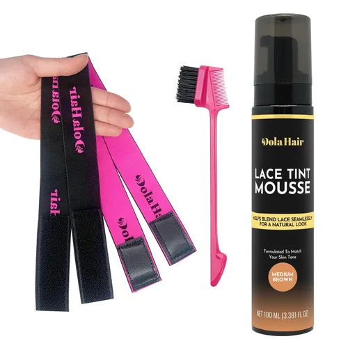 Dolahair Tinte en Aerosol de Encaje Castaño Medio y Mousse para Derretir Pelucas de Encaje, con 2 Bandas Elásticas Marrón medio