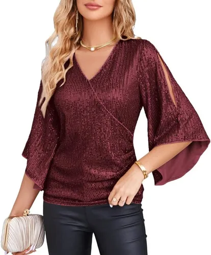 GRACE KARIN Blusa de lentejuelas para mujer, manga 34, purpurina brillante, blusa de fiesta con cuello en V, tops elegantes para fiesta de noche