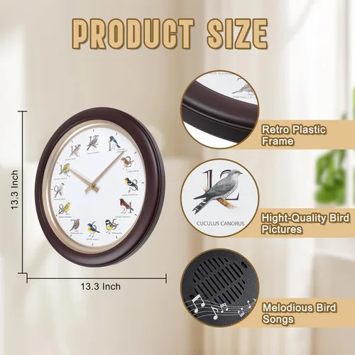 Miniatura 3 de Reloj de pared de pájaro cantante con canciones reales de pájaros de 13.3 pulgadas, movimiento silencioso sin tictac, reloj decorativo de animales