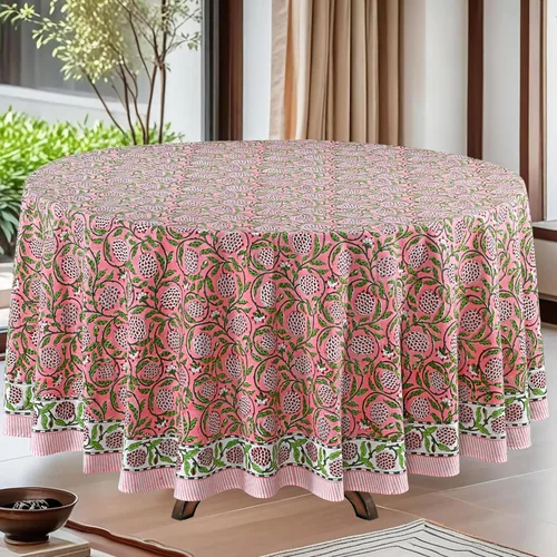 Miniatura 40 de Ridhi Mantel redondo con estampado de bloque a mano, 100% algodón, reutilizable, color rosa flamenco, de 60 pulgadas, mantel decorativo para uso