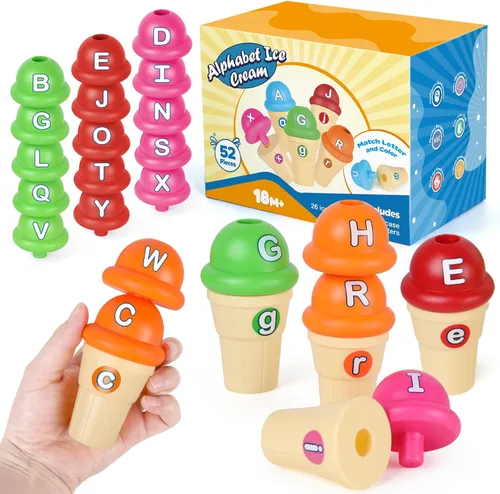 Kasfalci Juguetes de aprendizaje del alfabeto, juego de juguetes de helado, aprendizaje ABC para niños pequeños, juego de cartas a juego,