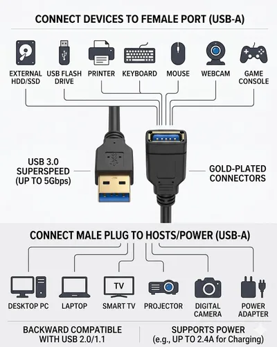 Miniatura 7 de Meokse Cable de extensión USB 3.0 de 12 pies, compatible con cámara web, cámara, teléfono, concentrador USB, mouse, teclado, impresora, disco duro