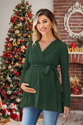 Miniatura 4 de OUGES Túnicas de maternidad para mujer, camisas de manga larga, cuello en V, ropa de maternidad de enfermería, blusa casual de embarazo