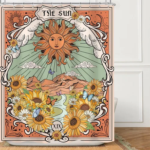 Omifly Tarot - Cortina de ducha retro con diseño de girasol y sol, 60 pulgadas de ancho x 72 pulgadas de alto, color verde, vintage, flor de