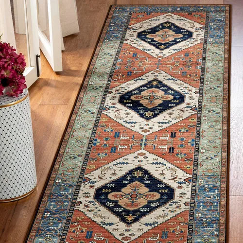 Miniatura 9 de Beeiva Alfombra de pasillo lavable oriental con medallón tribal vintage de 2 x 7 pies con respaldo de goma, medallón tribal vintage no Óxido/Azul