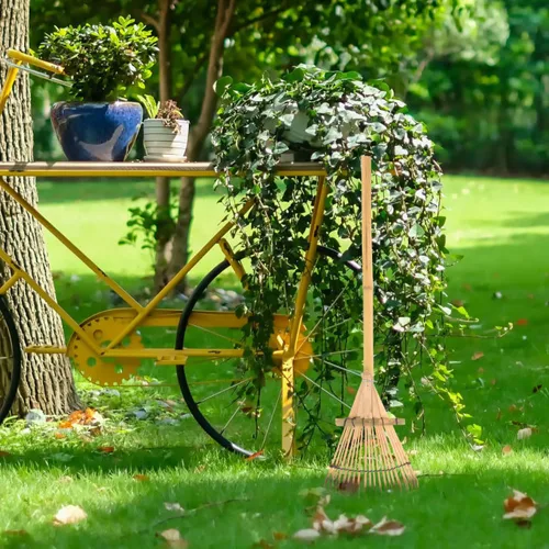 Miniatura 2 de Rastrillo de bambú para hojas, rastrillo de mano de jardín, ligero, 23.4 pulgadas, mango de madera, césped para aflojar el suelo, jardinería