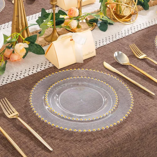 Miniatura 3 de LIYH - 150 platos de plástico transparente y dorado, elegante juego de vajilla desechable de plástico dorado que incluye platos de cena y postre