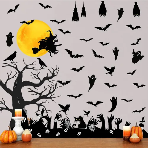 Miniatura 2 de Barri Design Calcomanías de pared de murciélago de Halloween, árbol de luna, bruja, calcomanías de pared extraíbles para Halloween, calcomanías