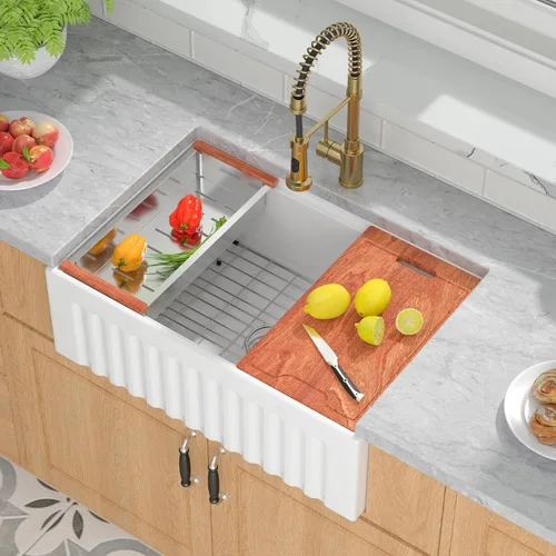 Miniatura 15 de Mocoloo Fregadero de cocina de granja blanco 33 – Fregadero plano de estilo rústico de 33 x 20 x 10 pulgadas, fregadero plano de estilo rústico