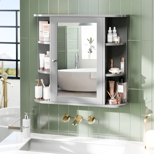 Miniatura 2 de Armario de espejo de baño montado en la pared, botiquín con espejo y 6 estantes abiertos, gabinetes de pared de baño modernos para medicamentos, gris