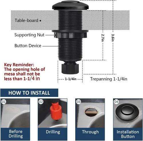 Miniatura 5 de Kit de interruptor de aire para eliminación de basura, salida única, desagüe de fregadero, acero inoxidable largo negro, botón de encendido/apagado