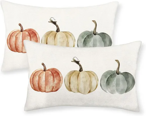 Miniatura 39 de Juego de 2 fundas de almohada de otoño de 16 x 16 pulgadas, diseño de calabaza azul y naranja, decoración de Acción de Gracias, decoración de otoño