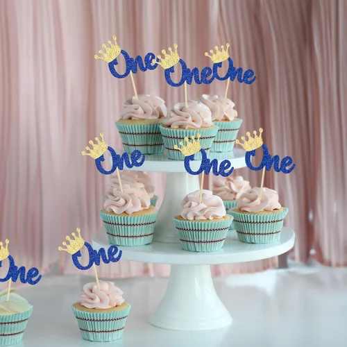 Miniatura 8 de Gyufise 24 piezas de decoración para cupcakes de primer cumpleaños, corona con purpurina, para baby shower, 1er cumpleaños, decoración de tartas