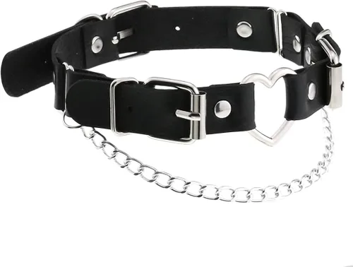 Miniatura 3 de SJYFAL Gargantilla de cuero con corazón para mujer, collar de cadena punk rock con remache de poliuretano, ajustable, Cuero,
