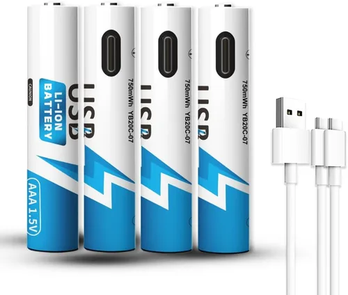 Paquete de 4 baterías de litio recargables AAA USB-C, batería recargable de litio de 750 mWh, salida constante de 1.5 V, carga rápida de 1 hora,