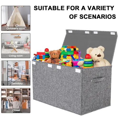 Miniatura 5 de Contenedor plegable de almacenamiento de juguetes con tapa, gran capacidad de 82 litros, organizador gris neutro que ahorra espacio para sala