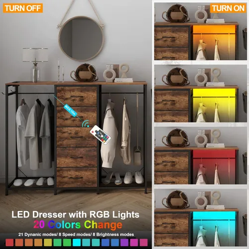 Miniatura 8 de Espelism Cómoda para dormitorio con perchero, cómoda de 5 cajones con estación de carga, luces LED, cómoda blanca, estante flexible y espacio