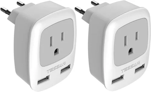 TESSAN - Adaptador de enchufe de viaje europeo, 2 unidades, adaptador de toma de corriente internacional con 2 USB, cargador tipo C de Estados 2-Gris