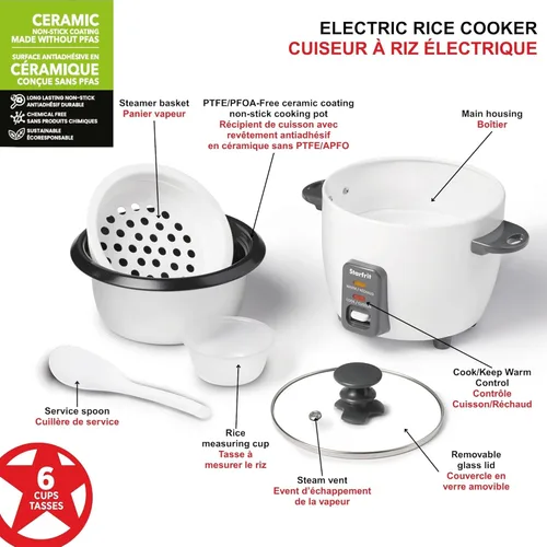 Miniatura 5 de Starfrit - Arrocera eléctrica, 6 tazas, 300 W, color blanco Cesta de vapor, taza medidora, cuchara de servicio, hace arroz perfecto