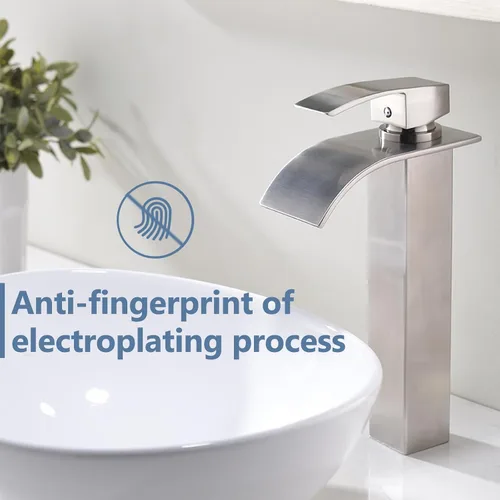 Miniatura 4 de Grifo de lavabo alto de níquel cepillado con boquilla de cascada, grifo alto de baño de una sola manija, sobre mostrador, grifo de lavabo de tocador
