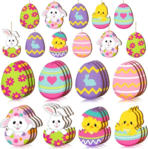 Miniatura 8 de Qunclay 24 piezas de adornos de madera de primavera de Pascua, huevos de flores, conejo, huevo, letreros colgantes para árbol, decoraciones
