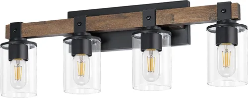 Miniatura 9 de DUJAHMLAND Lámpara de tocador de granja, aplique industrial de madera de 4 luces, iluminación de tocador de baño con pantalla de luces de vidrio