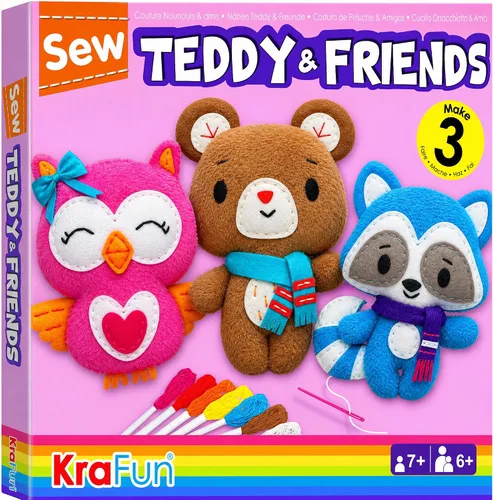 KRAFUN Kit de costura para niños de 7, 8, 9, 10, 11, 12 años, principiante, My First Art & Craft, incluye 3 muñecas de animales de peluche, mapache